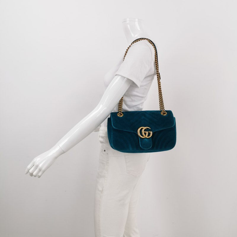 Gucci Marmont Small Flap Turquoise Blue Velvet Handbag