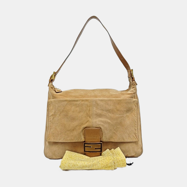 Fendi Mamma Baguette Large Brown Suede Leather Zipper Opening