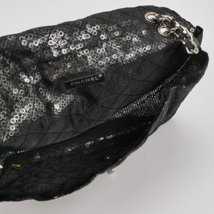 Chanel Black Mesh and Sequins Jumbo Maxi Classic Flap Silver Hardware 2008