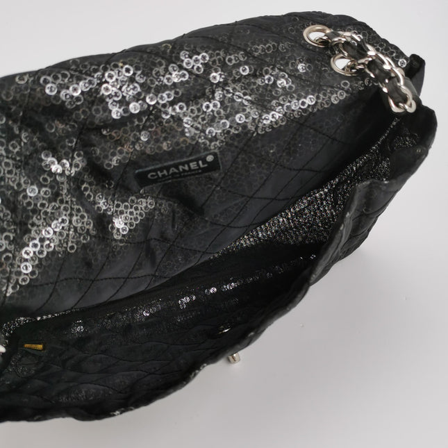 Chanel Black Mesh and Sequins Jumbo Maxi Classic Flap Silver Hardware 2008