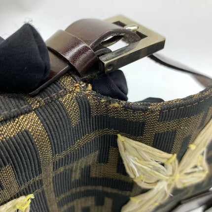 Fendi Baguette Zucca Monogram with Straw Floral Embroidery