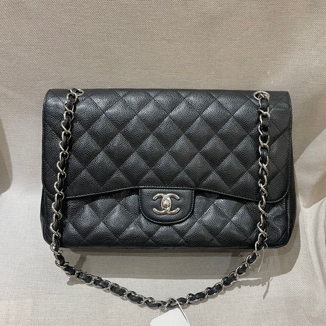 Chanel Classic Flap Jumbo 2012 Black Caviar Leather Double Flap Silver Hardware-Luxbags