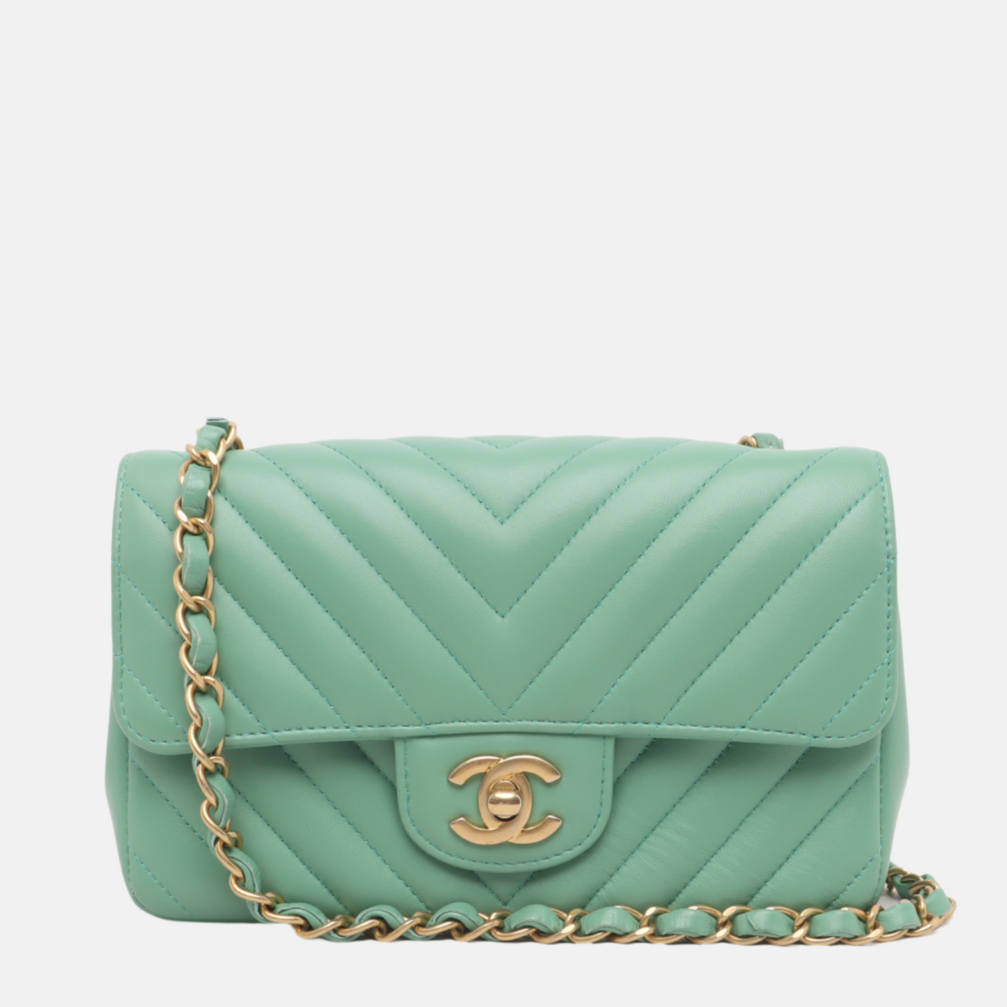 Chanel Classic Flap Mini Chevron Green Lambskin Leather Gold Hardware Luxbags