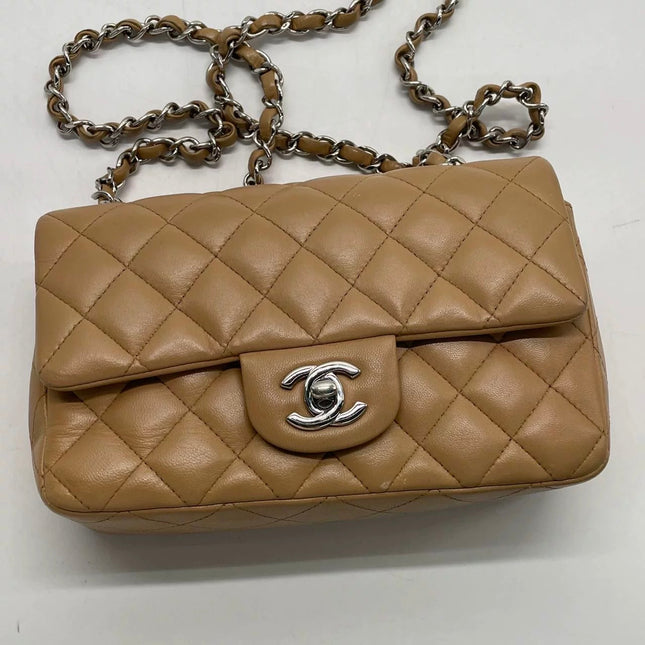 Chanel Classic Flap Rectangular Mini Beige Lambskin Silver Hardware