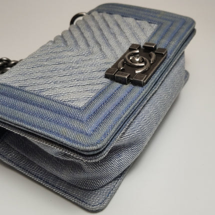 Chanel Le Boy Small Denim Blue Jeans Chevron Stitching Silver Hardware