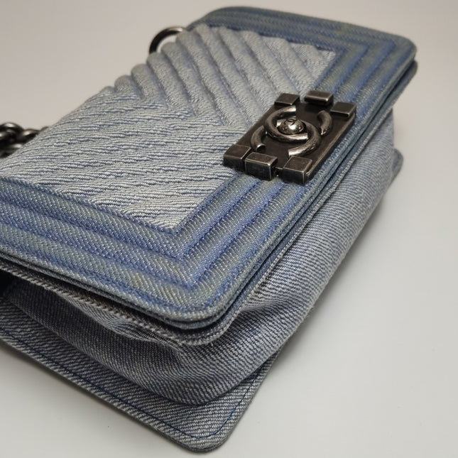 Chanel Le Boy Small Denim Blue Jeans Chevron Stitching Silver Hardware