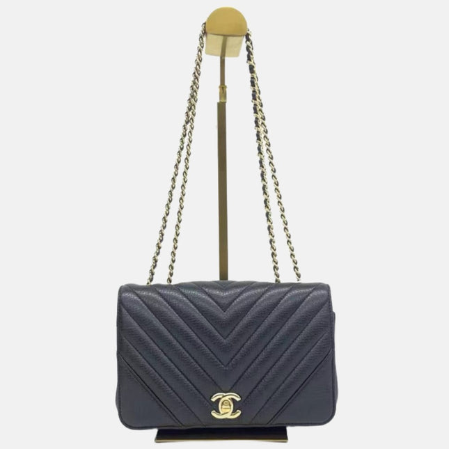 Chanel Classic Flap Rectangular Mini Crossbody Bag Chevron Quilted Calfskin Leather Black-Luxbags