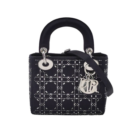 Lady Dior Mini Black Silk with Crystals Silver Hardware-Luxbags
