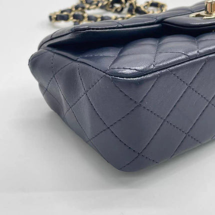 Chanel Classic Flap Mini Rectangular Navy Lambskin Leather Gold Hardware Microchip