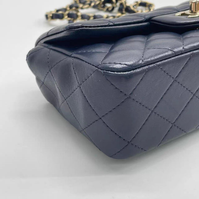 Chanel Classic Flap Mini Rectangular Navy Lambskin Leather Gold Hardware Microchip