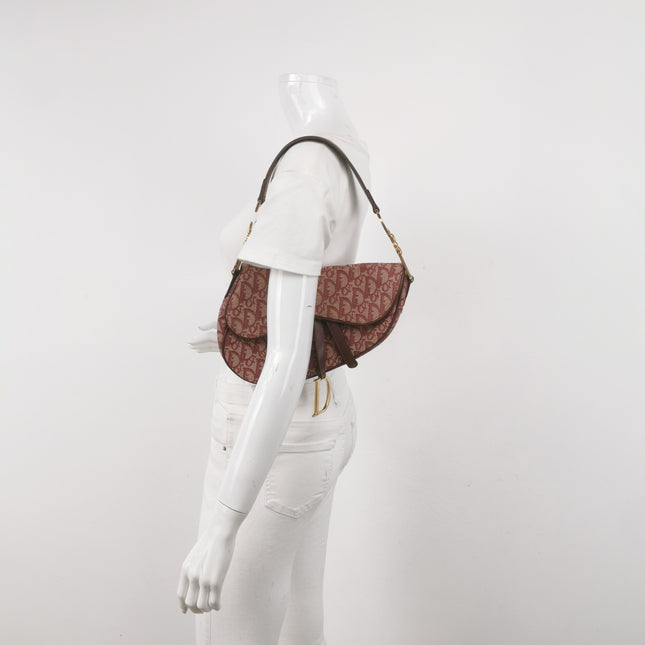 Dior Saddle Vintage Medium Red Burgundy Monogram Oblique Shoulder Bag 2002