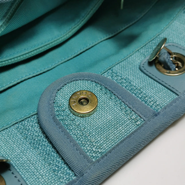 Chanel Deauville Tote Light Blue Turquoise Stripes Cloth Leather Chain Handle Small 34cm