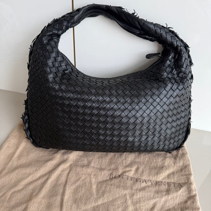 Bottega Veneta Intrecciato Hobo Bag Medium With Fringes Black Lambskin leather 40cm-Luxbags