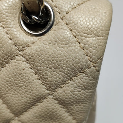 Chanel Classic Flap Maxi Beige Lambskin Leather Giant Siver-tone CC Logo