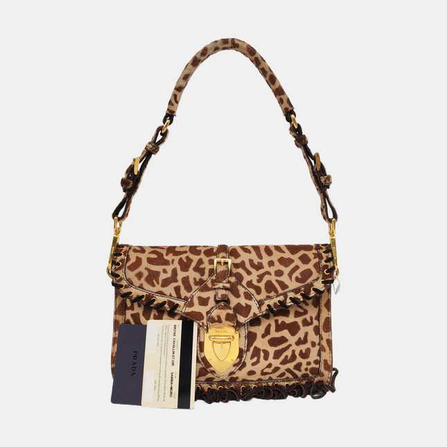 Prada Messenger Leopard Print Pony-style Calfskin Fringe Trimmed Shoulder Bag
