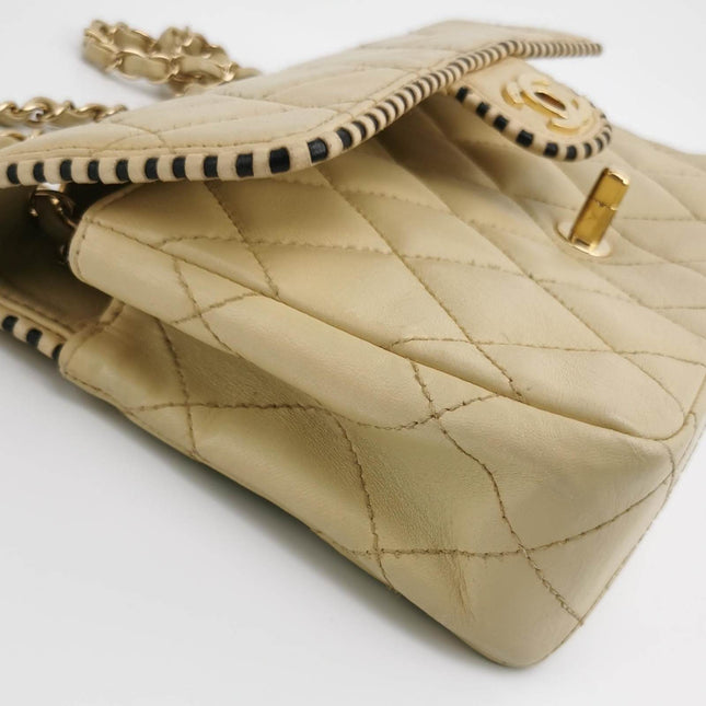 Sold Chanel Classic Flap Medium Happy Stitch Beige Leather with Contrast Black Trim