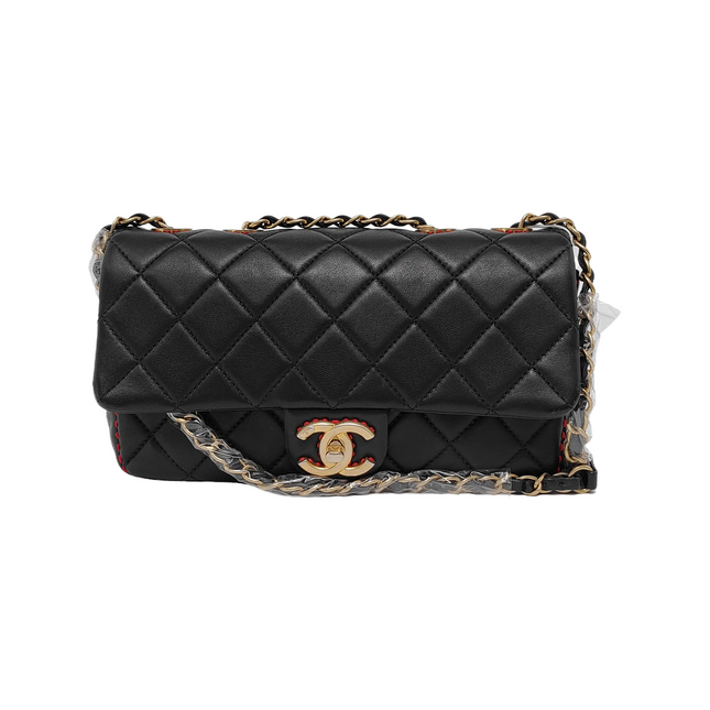 Chanel Black Lambskin Red Stitching Single Flap Double Chain Bag 2017-Luxbags