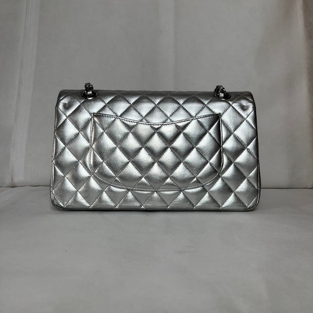 Chanel Classic Flap Medium Silver Lambskin Leather Silver Hardware