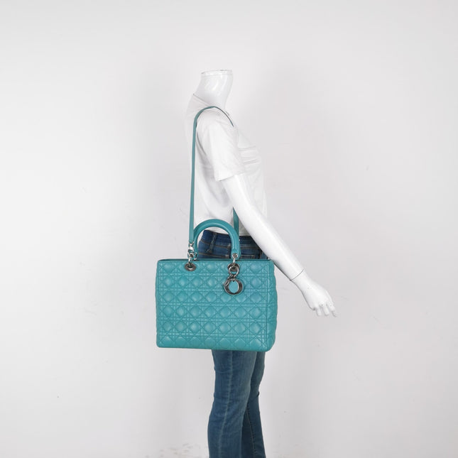 Sold Lady Dior Large Bag Teal Blue Lambskin Cannage Leather