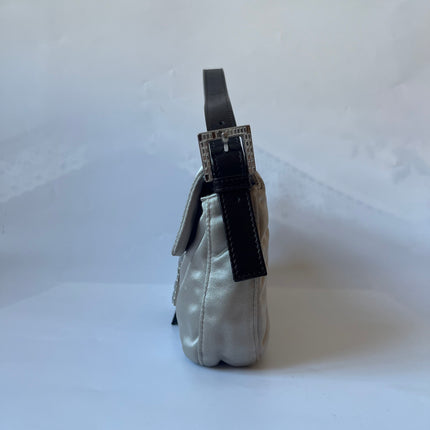 FENDI Baguette Beige Grey Silk Satin with Crystal Buckle Shoulder Bag