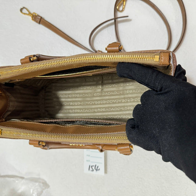 Prada Galleria Saffiano Leather Small Tan Brown Handbag with Strap 25cm