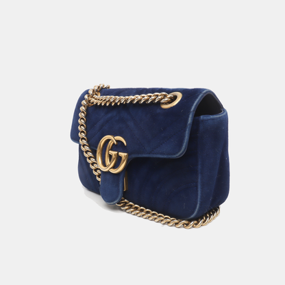 Gucci Marmont Mini Flap Navy Velvet Handbag