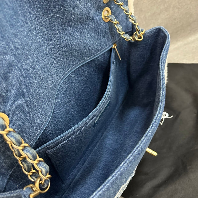 Chanel Blue Denim White Shearling Egyptian Hieroglyph Maxi Flap Bag Gold Hardware, 2019