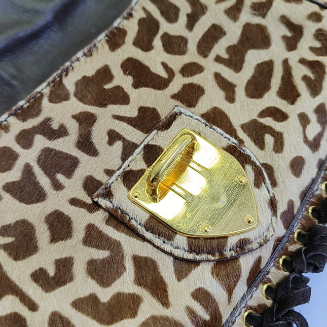 Prada Messenger Leopard Print Pony-style Calfskin Fringe Trimmed Shoulder Bag