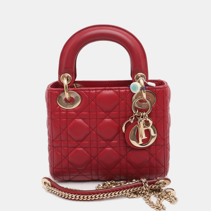 Lady Dior Mini Red Lambskin Leather Gold HW Chain Strap