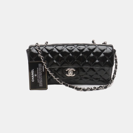Chanel Baguette Flap Shoulder Bag Black Patent Leather Silver Double Chain
