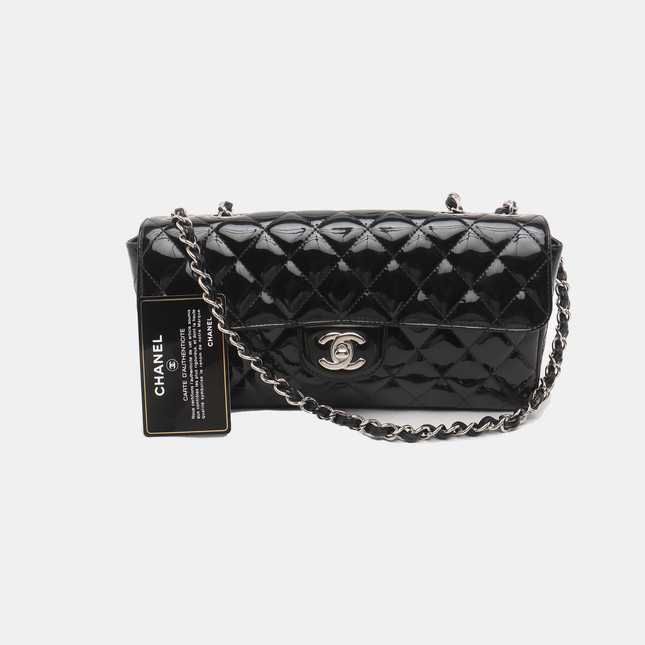 Chanel Baguette Flap Shoulder Bag Black Patent Leather Silver Double Chain