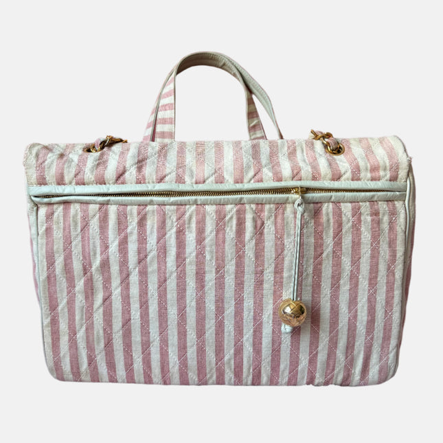 Chanel Vintage XXL Maxi Pink Striped Travel Flap Bag Canvas Gold Hardware