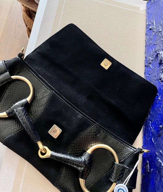 Gucci Horsebit 1955 Large Black Suede and Python-skin Leather Shoulder Bag