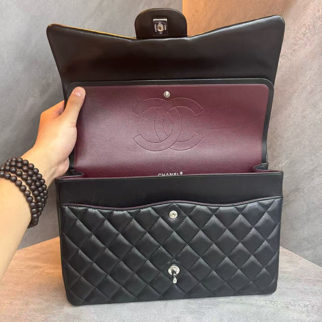 Chanel Classic Flap Maxi Black Lambskin Leather Double Flap Silver Hardware 2012