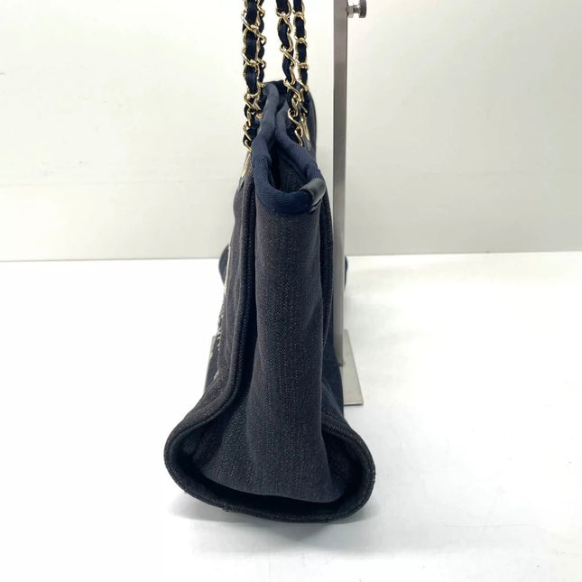 Chanel Deauville Tote Navy Denim Cloth Leather Chain Strap Small 34cm