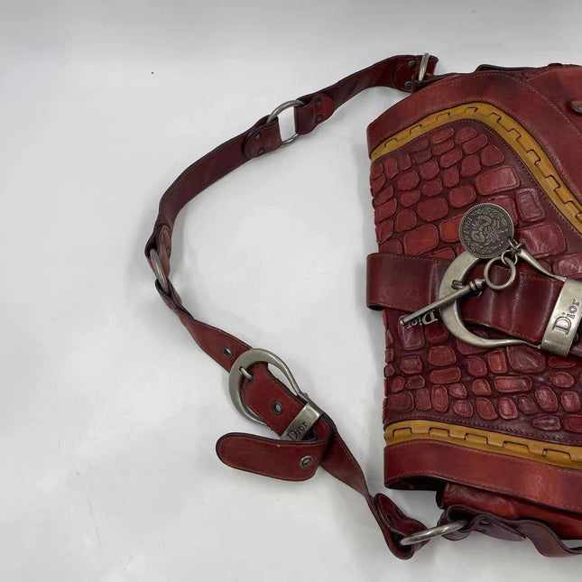 Dior Vintage Gaucho Large Red Leather Crocodile Embossed Crossbody Bag