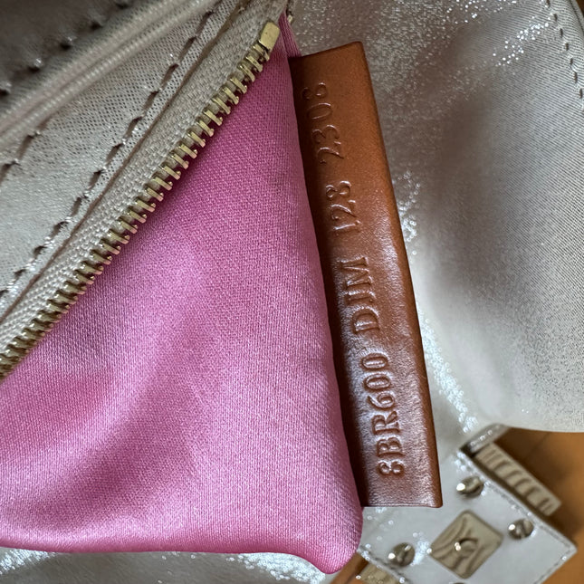 FENDI Baguette 1997 White Pearlescent Fabric Crystal Buckle Shoulder Bag