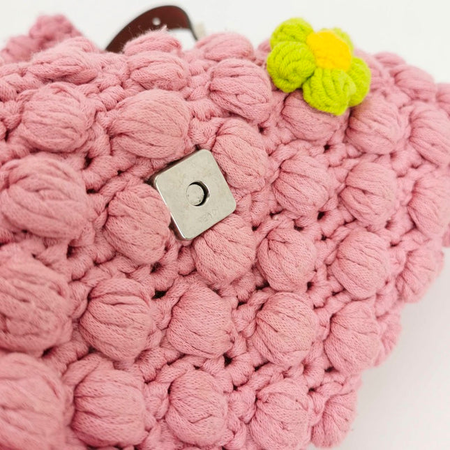 Fendi Baguette Bag Pink Crochet Knit Wool Pompom and Flowers Shoulder Bag