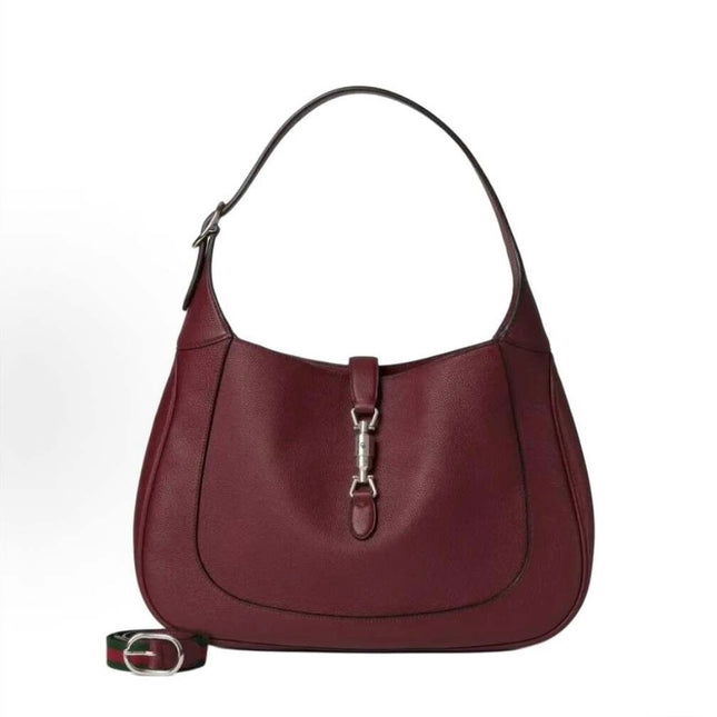 Gucci Jackie 1961 Burgundy Large Pebbled Leather Shoulder Bag with Strap-Luxbags