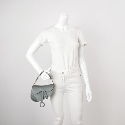 Sac Dior Saddle Mini Bleu Gris Soie avec Boucles Incrustées de Cristaux