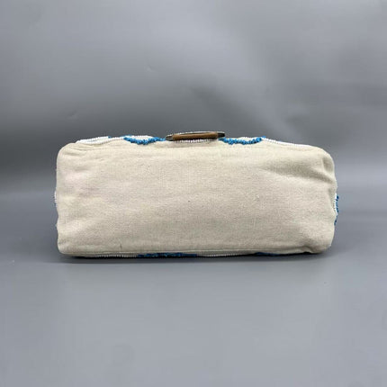 Fendi Mamma Baguette Needlepoint White Canvas and Blue and White Stones Embroidery