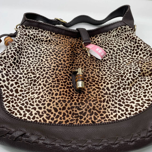 Gucci Jackie Vintage Large Leopard Print Pony-style Calfskin Brown Leather Shoulder Bag