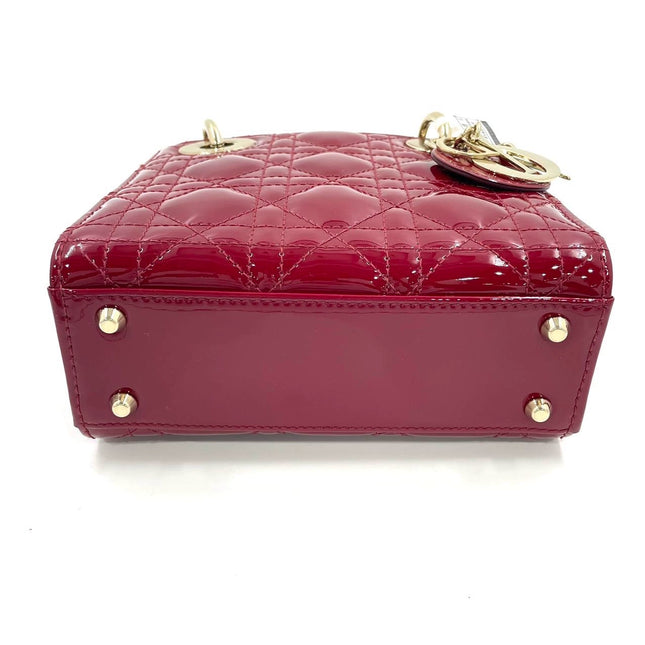 Lady Dior Mini Handbag Burgundy Red Patent Leather Gold-tone Chain Strap
