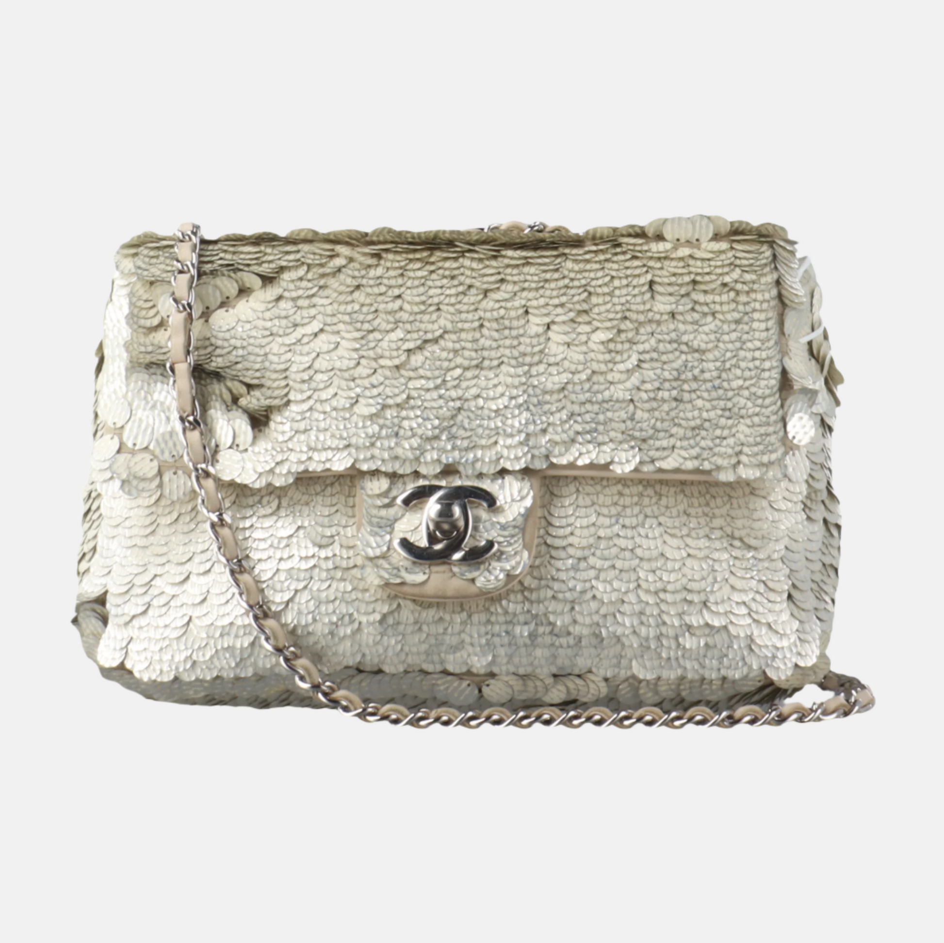 Chanel Paillette Flap Bag Rectangular Mini Glitter Sequins Silver-Luxbags