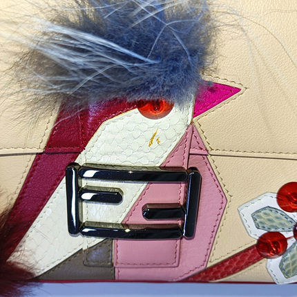 Fendi Baguette 1997 Re-edition Bird Motif Fur Leather Beige Shoulder bag