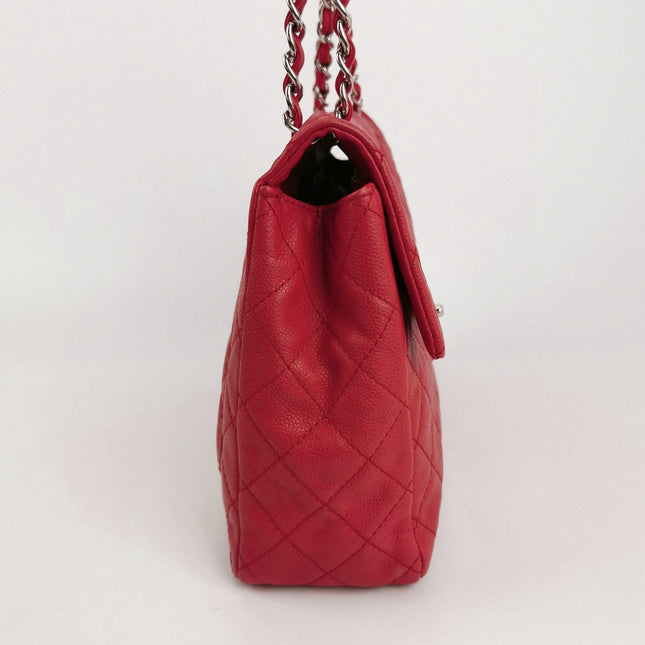 Chanel Classic Flap Maxi Red Caviar Leather Silver-tone Hardware Giant CC Logo