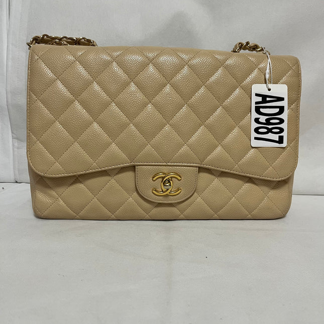 Chanel Classic Flap Jumbo Beige Caviar Leather Single Flap Silver Hardware