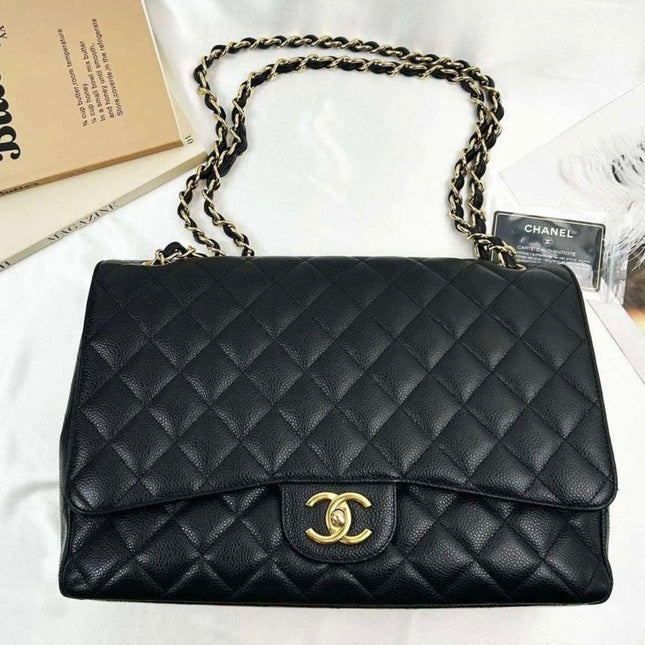 Chanel Classic Flap Maxi 2012 Black Caviar Leather Double Flap with Gold Hardware-Luxbags