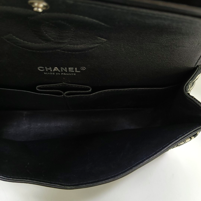 Chanel Satin Airline Printed Medium Double Flap Bag Black and White