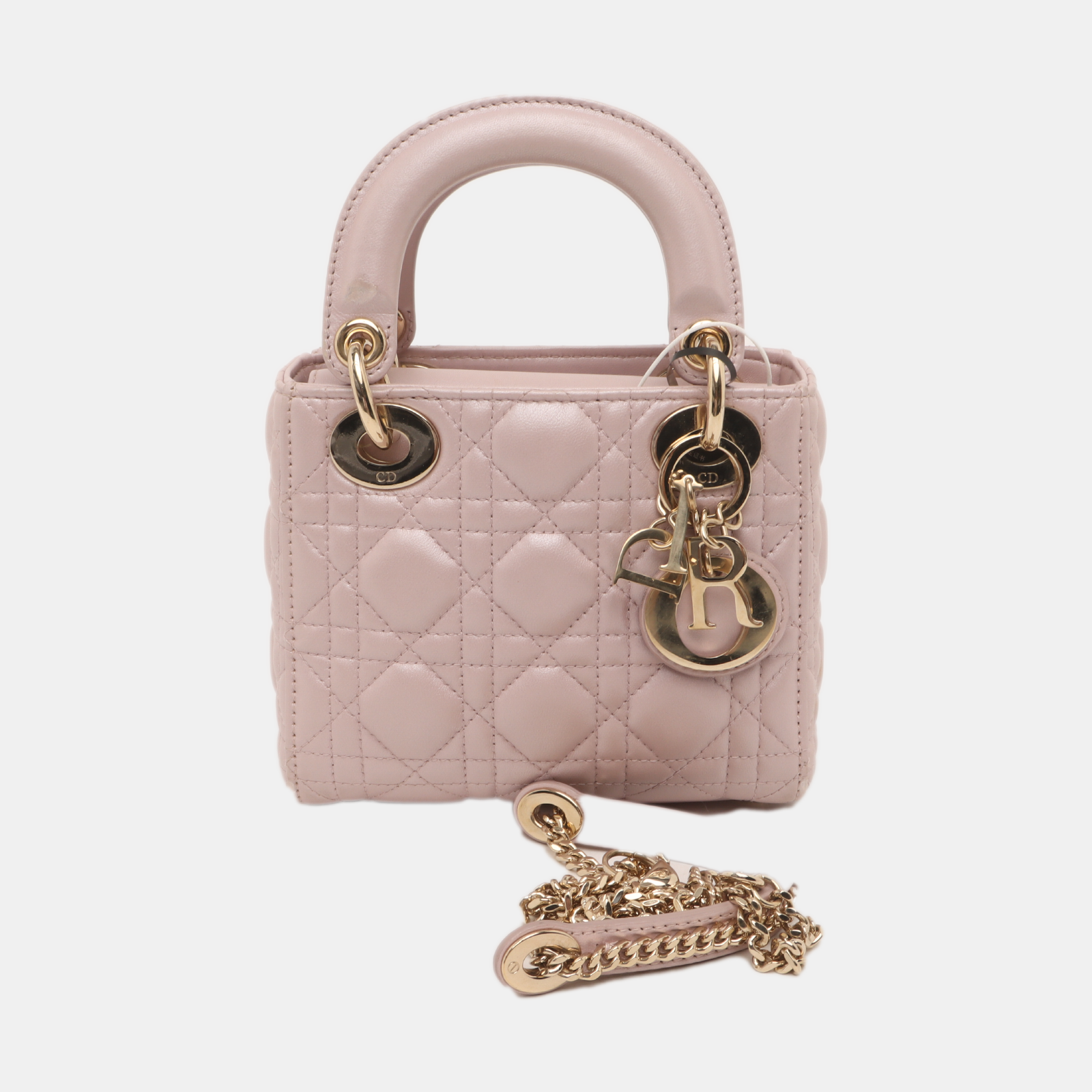 Lady Dior Mini 2020 Pearlescent Pink Lambskin Leather Gold HW Chain Strap-Luxbags